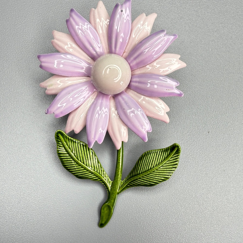 Vintage Enamel Flower Brooch Mod Pop Art Pink and Purple 1960s MCM